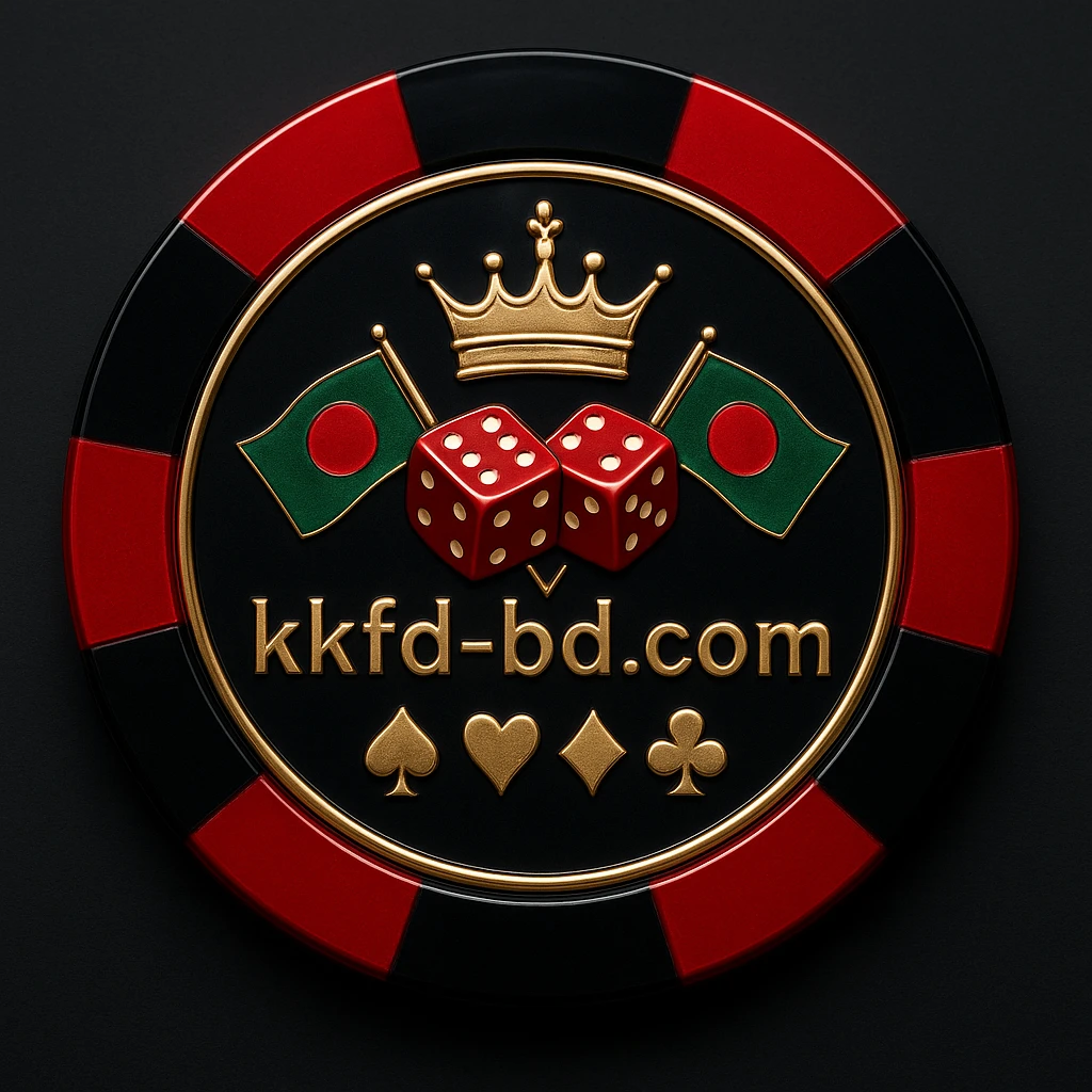 kkfd লোগোসহ সোনালি গেমিং প্ল্যাটফর্ম চিপ, মুকুট, খেলার প্রতীক, তারা, বাংলাদেশের পতাকা ও কার্ডের চিহ্ন
