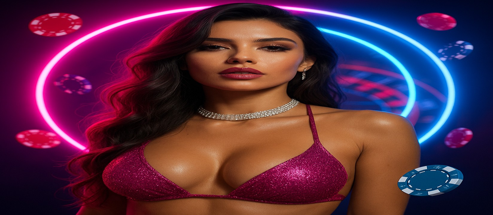 ঝলমলে বেগুনি পোশাকে এক নারী, পেছনে জ্বলন্ত গেমিং চক্র ও উড়ন্ত kkfd প্ল্যাটফর্ম চিপ